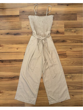 House Of Harlow Linen Jumpsuit Smocked Wide Leg Boho Coastal Neutral Small
